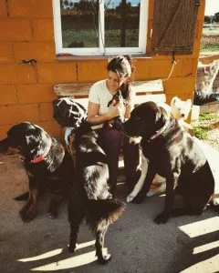 Cuidadora atendiendo a varios perros en residencia canina con trato familiar